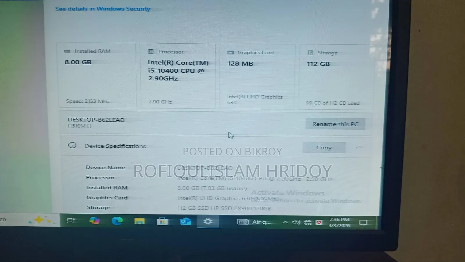 Desktop Computer 8GB RAM Intel Core i5 SSD 128GB