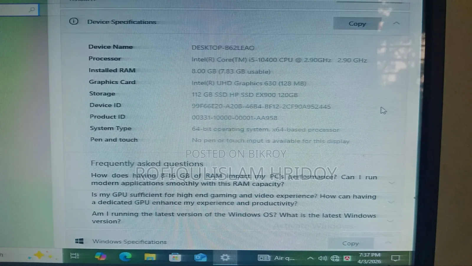 Desktop Computer 8GB RAM Intel Core i5 SSD 128GB