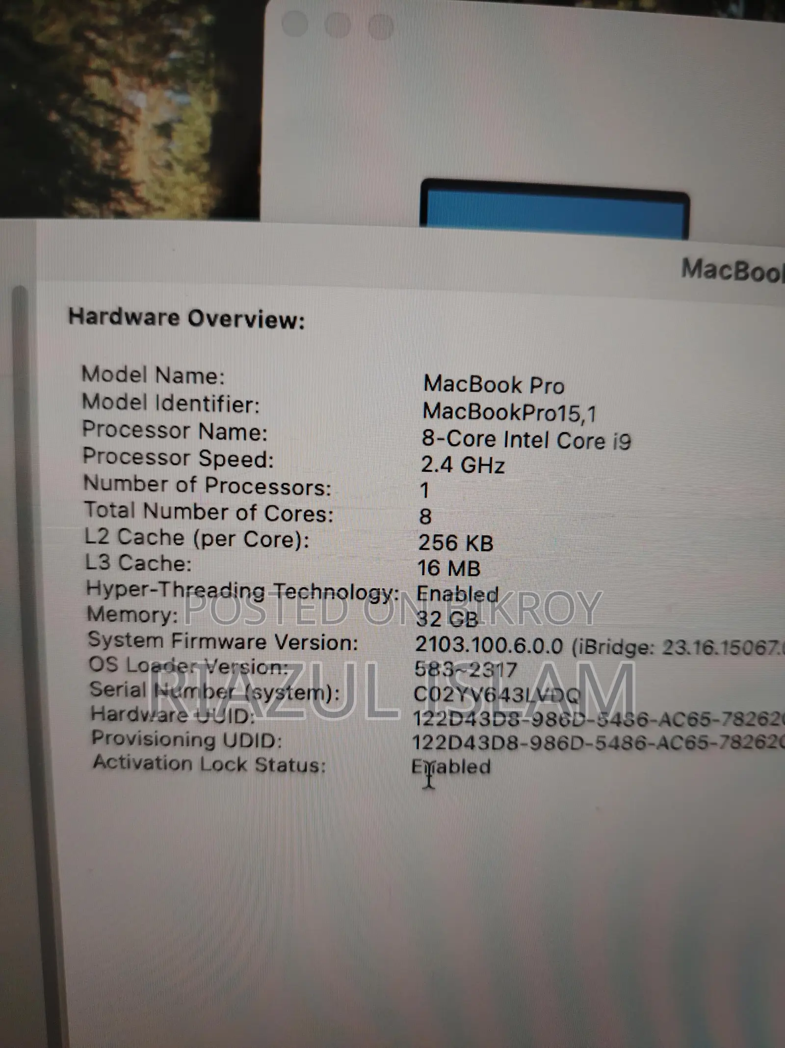 Laptop Apple MacBook Pro 2019 32GB Intel Core I9 SSD 512GB