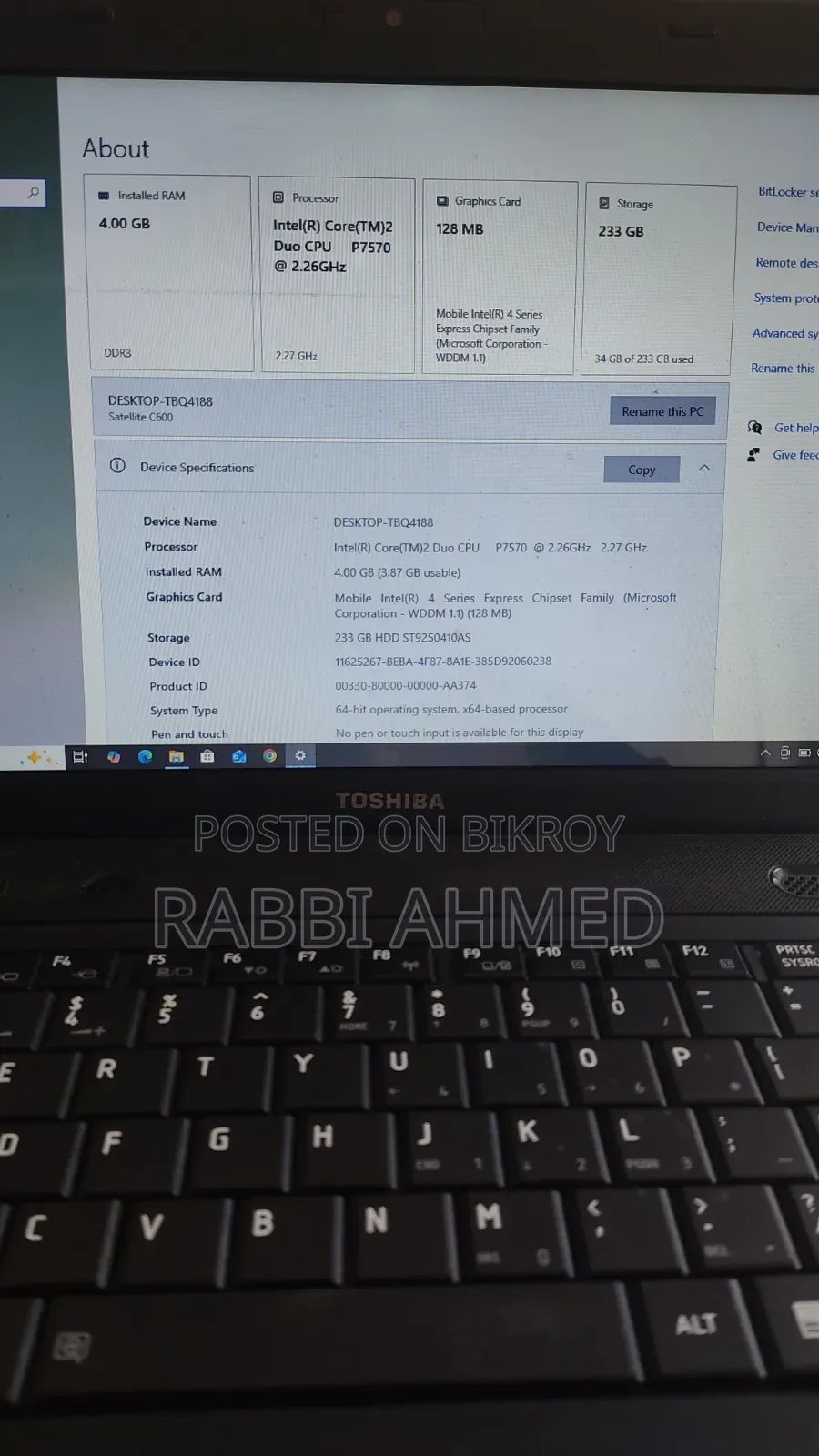 Laptop Toshiba 4GB Intel Core 2 Duo HDD 250GB