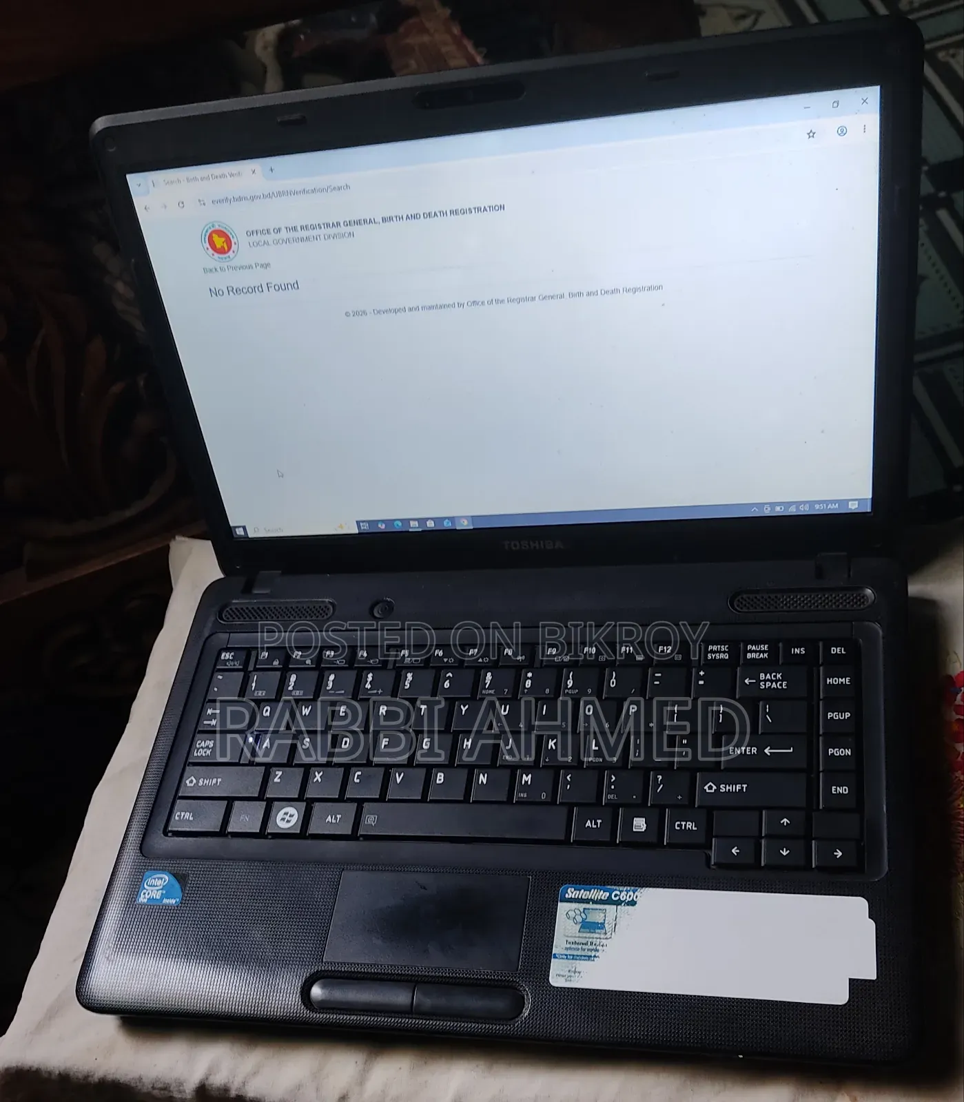 Laptop Toshiba 4GB Intel Core 2 Duo HDD 250GB