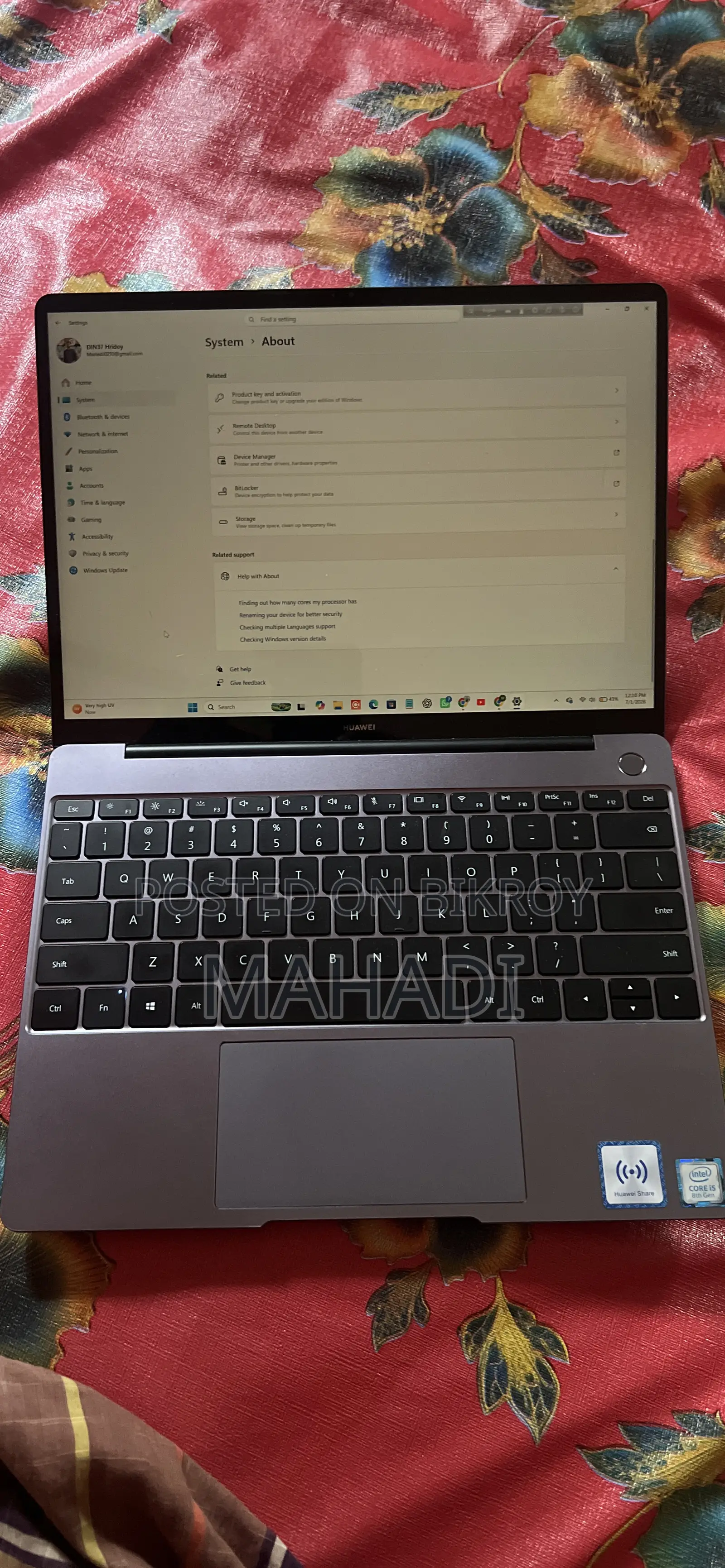 Laptop Huawei MateBook 13 WRT-W19E 8GB Intel Core I5 SSD 256GB