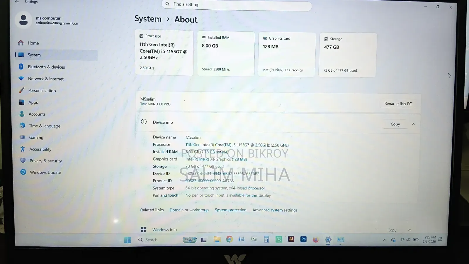 Laptop 8GB Intel Core Ultra 5 HDD 500GB