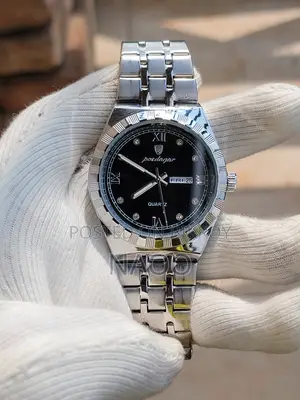 Poedagar Stainless Steel | Day & Date | Black Dial Men's Wrist Watch