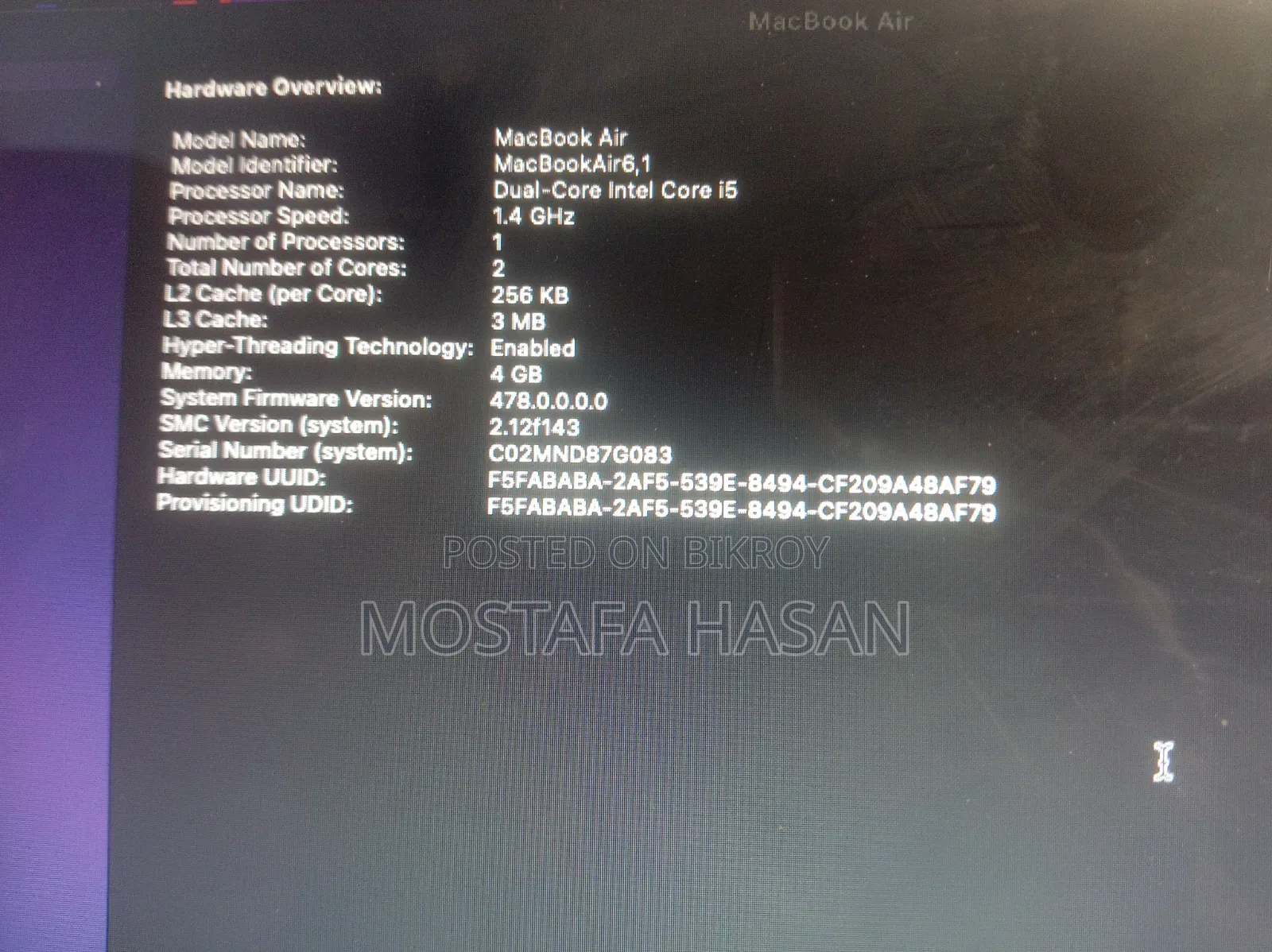 Laptop Apple MacBook Air 2014 4GB Intel Core I5 SSD 128GB