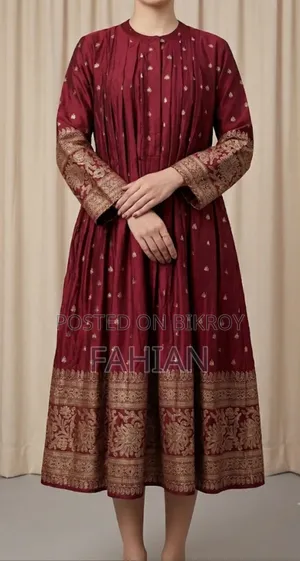 Deep Maroon Pleated Anarkali Dress With Gold Brocade Details