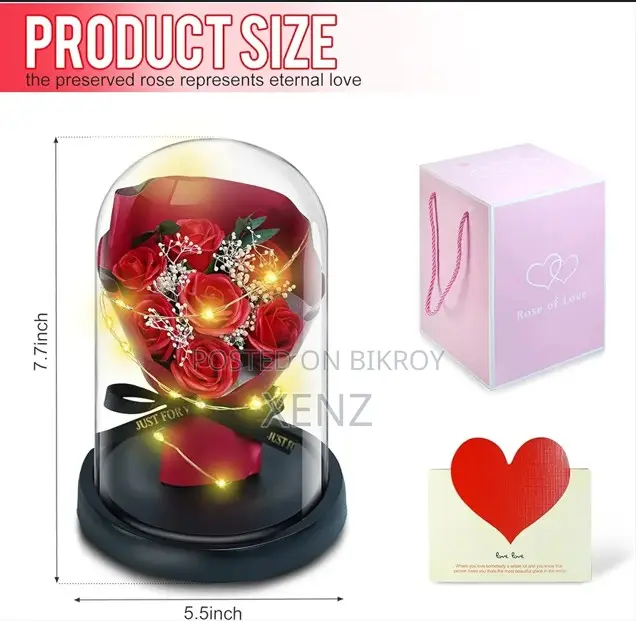 Artificial Rose Bouquet in Glass Dome Led Fairy Lights With Gift Box