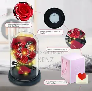 Artificial Rose Bouquet in Glass Dome Led Fairy Lights With Gift Box