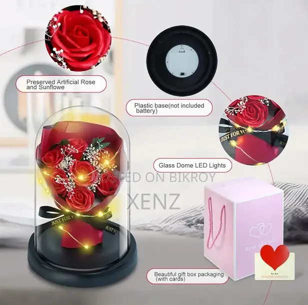 Artificial Rose Bouquet in Glass Dome Led Fairy Lights With Gift Box