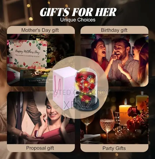 Artificial Rose Bouquet in Glass Dome Led Fairy Lights With Gift Box