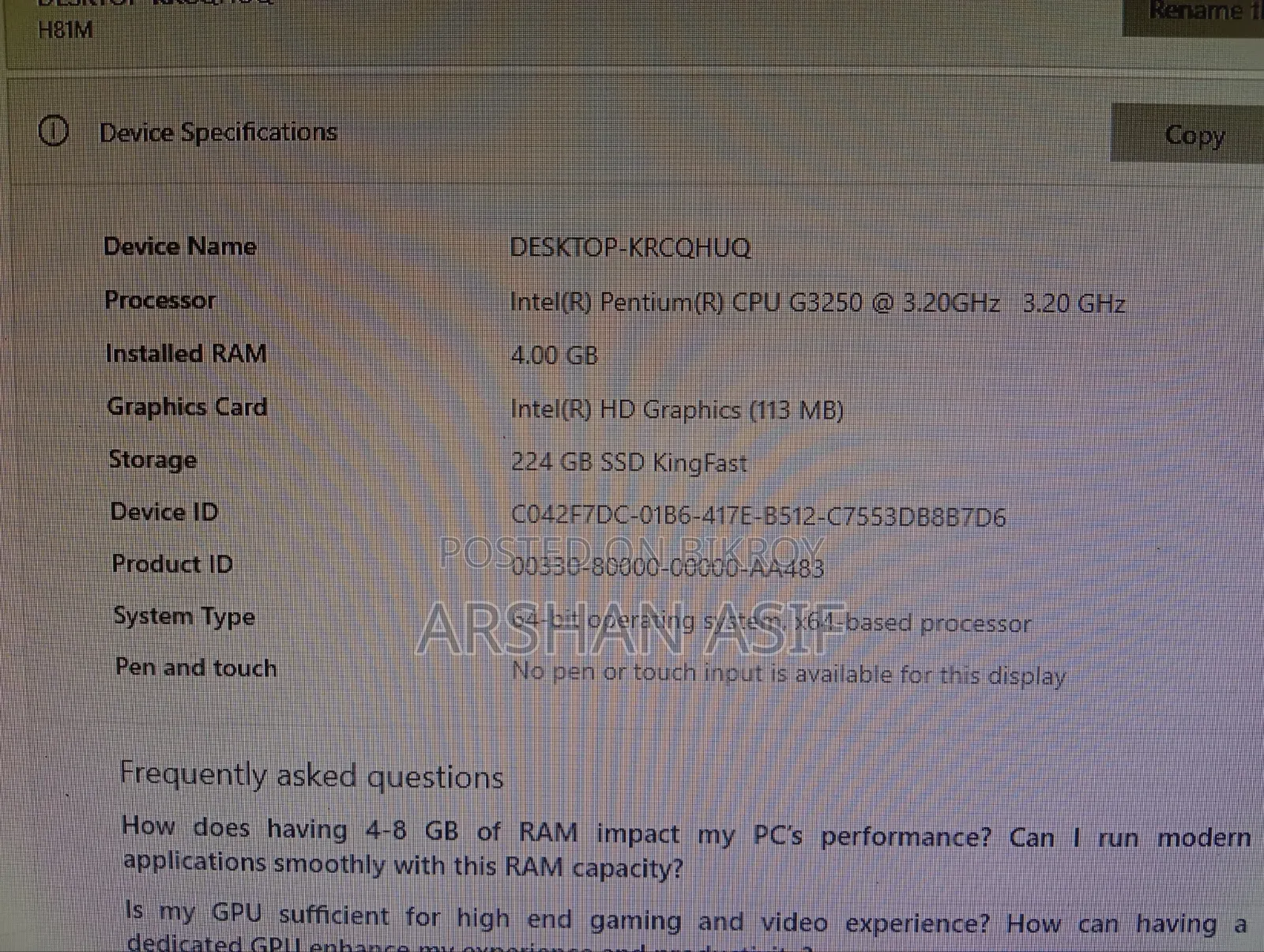 Desktop Computer Samsung 4GB Intel Core I3 SSD 256GB