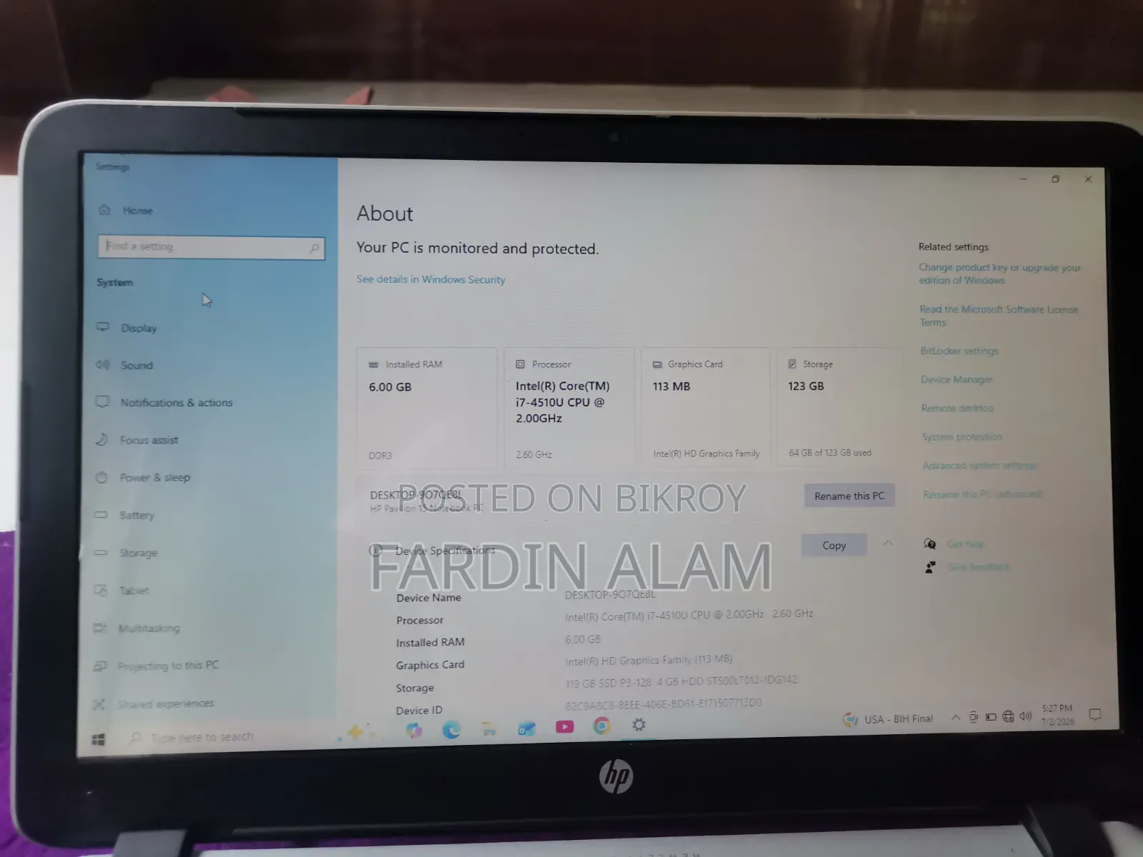 Laptop HP Pavilion 15 6GB Intel Core I7 SSD 128GB
