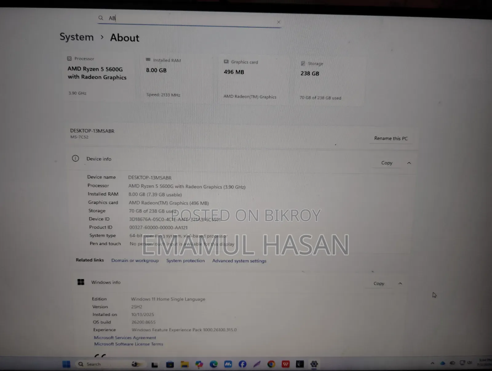 Desktop Computer 8GB AMD Ryzen SSD 256GB