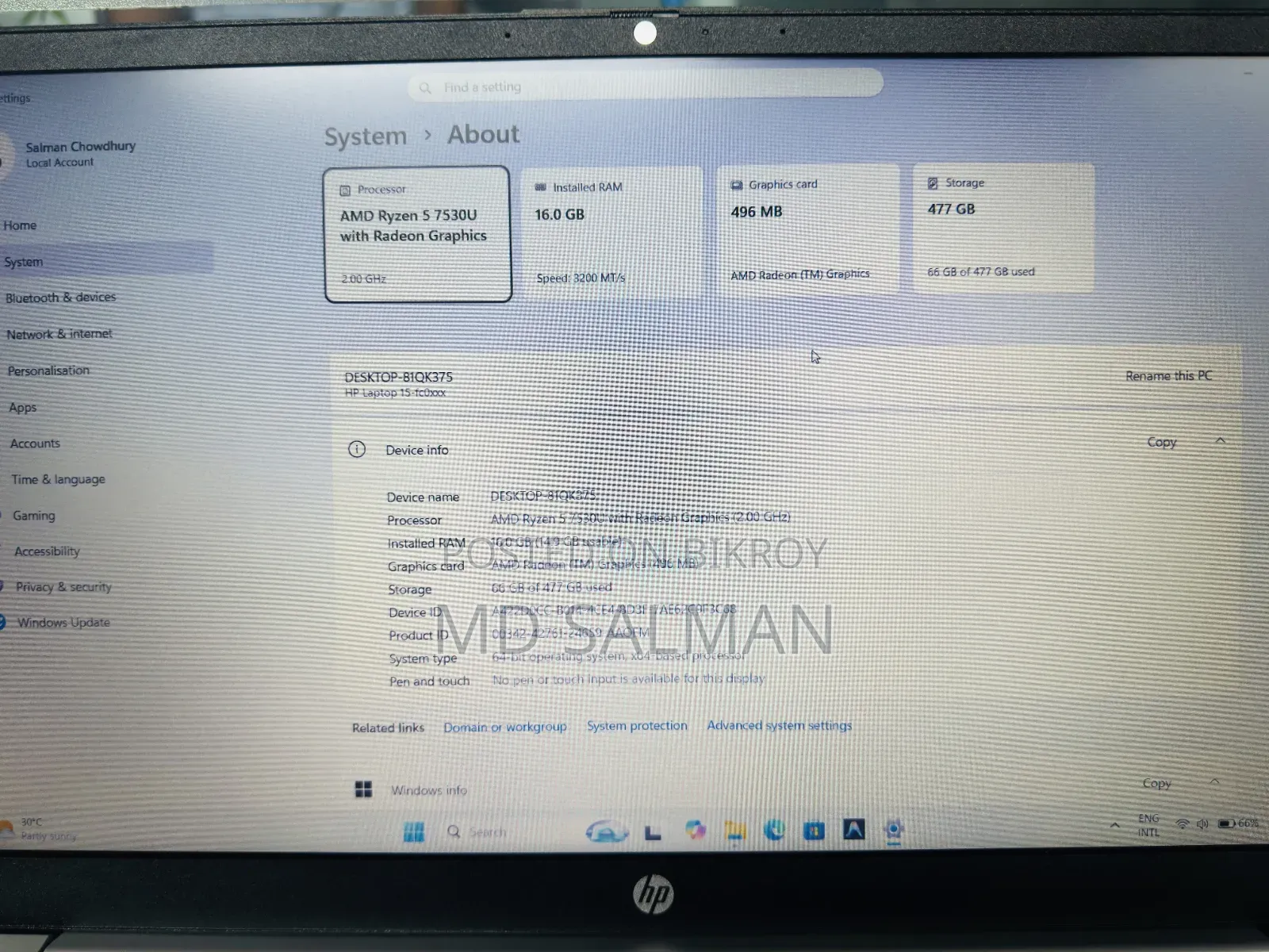 নতুন ল্যাপটপ HP 16GB AMD Ryzen 5 SSD 512GB