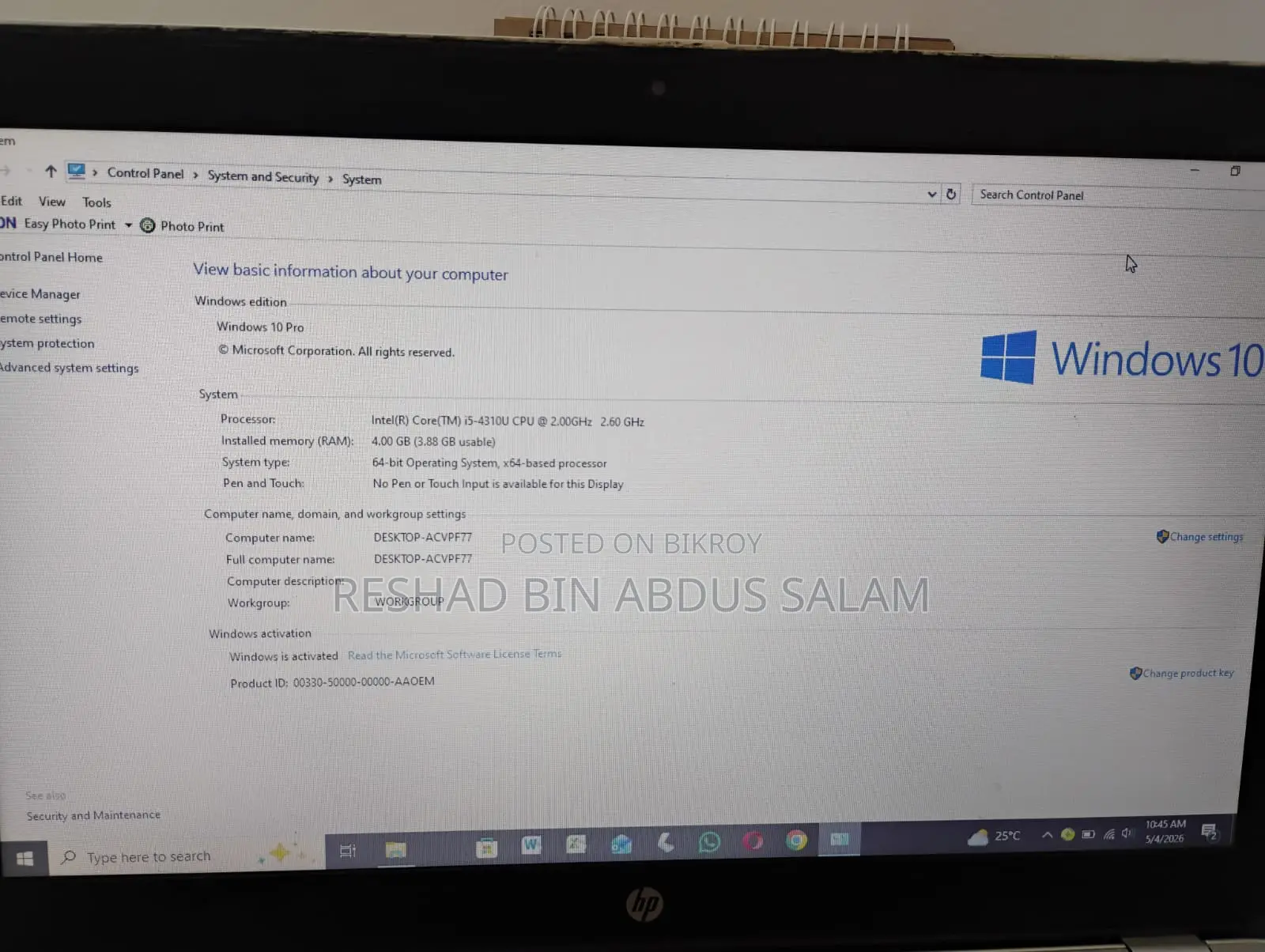 Laptop HP 4GB Intel Core I5 HDD 128GB
