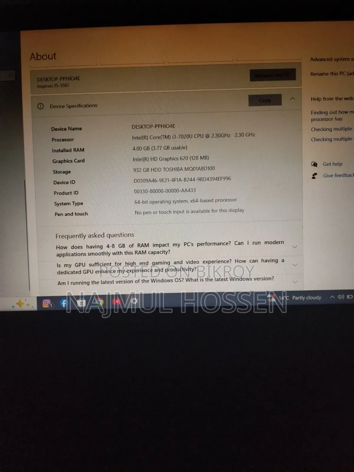 Laptop Dell Inspiron 15 8GB Intel Core I3 HDD 256GB