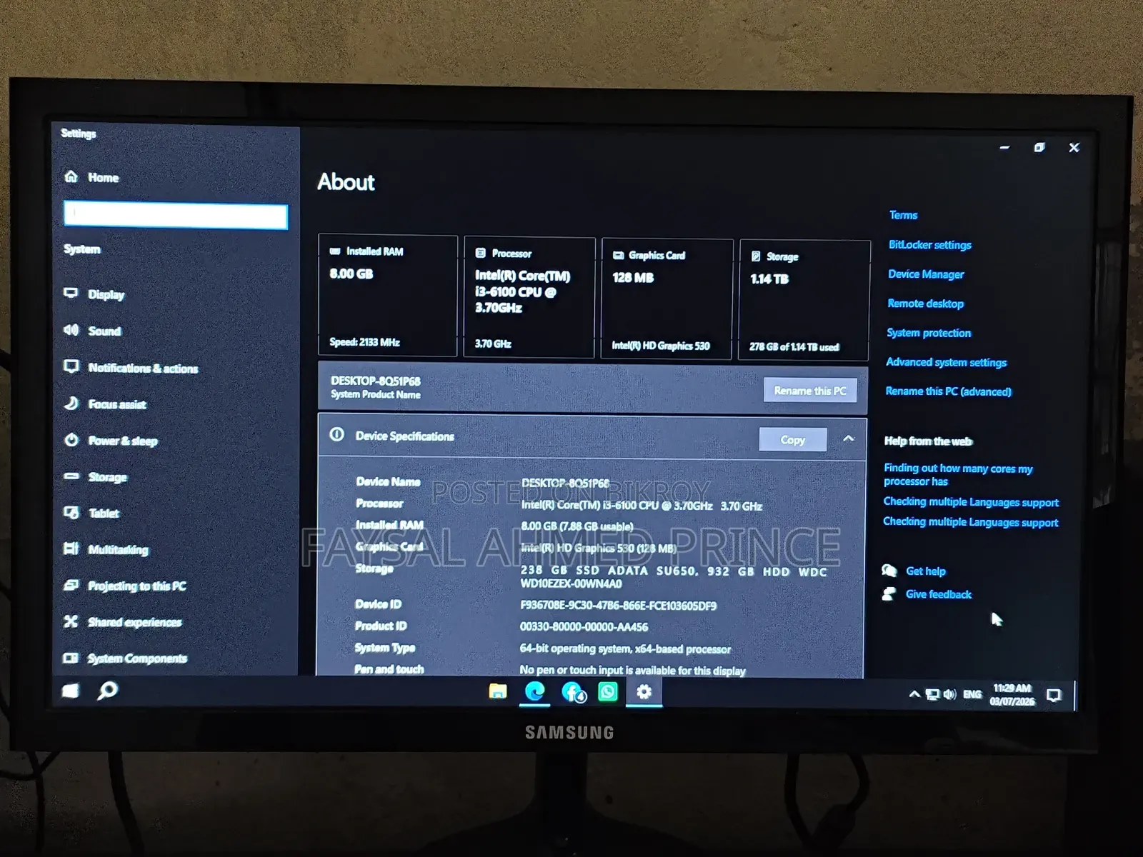 Desktop Computer 8GB Intel Core i3 HDD+SSD 1T