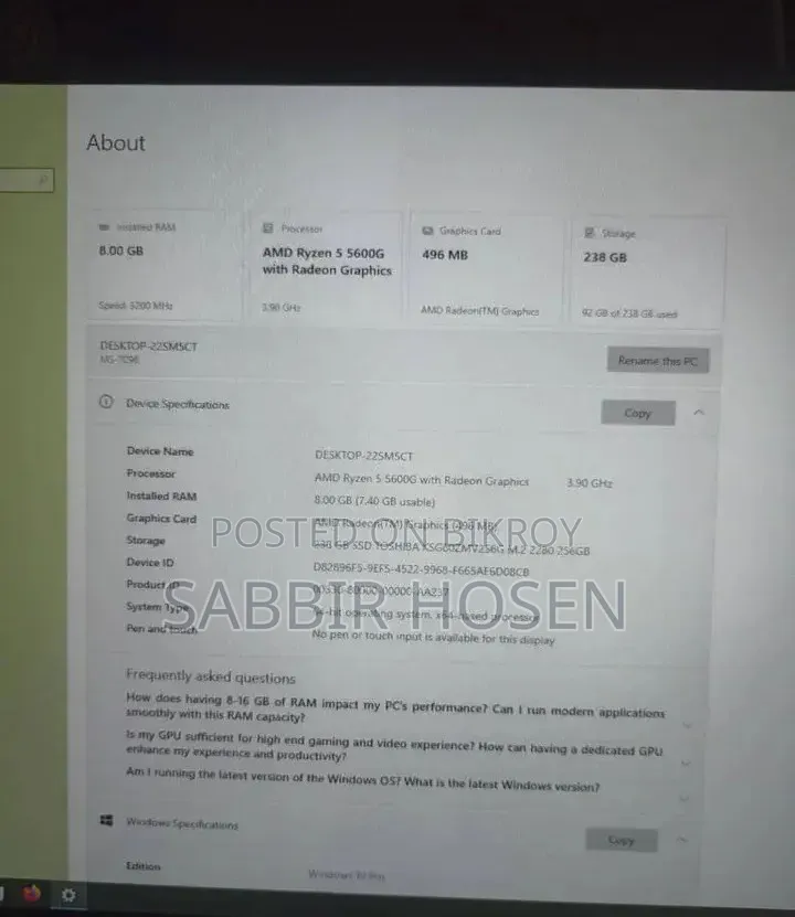 Desktop Computer Samsung 8GB AMD Ryzen 5 SSD 256GB