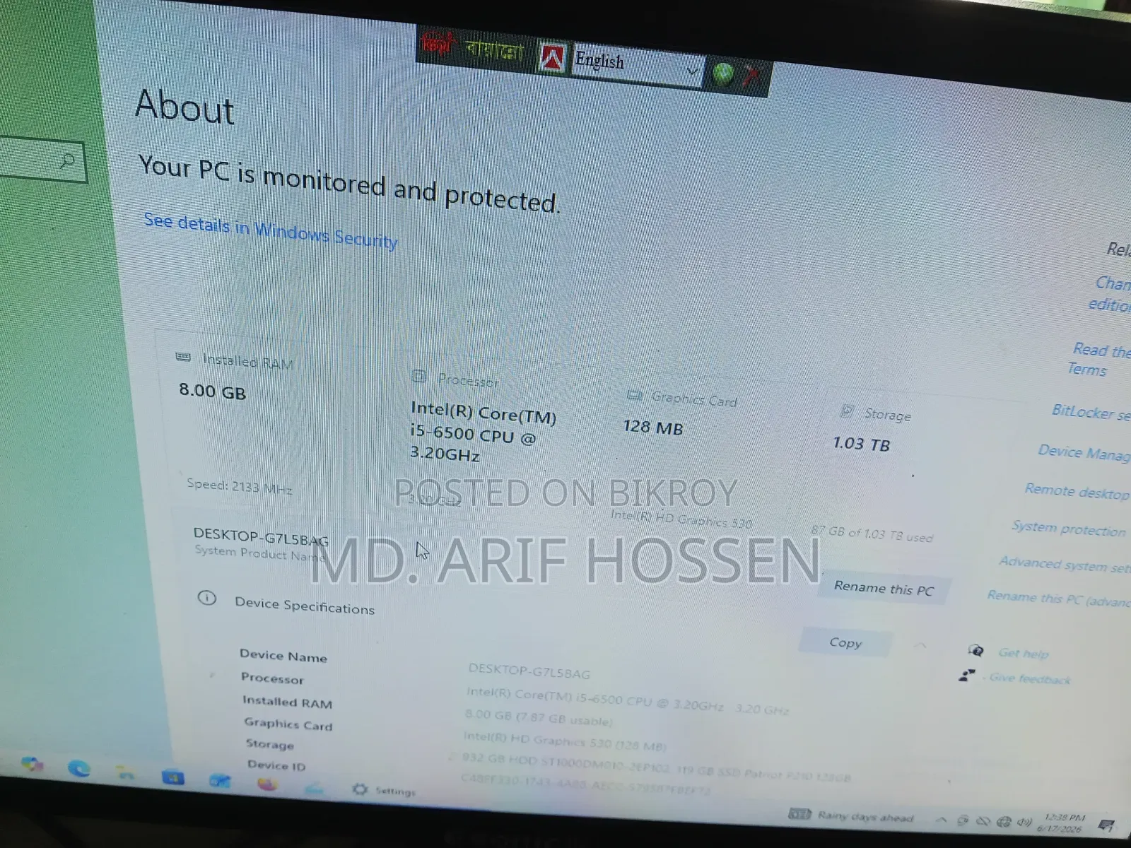Desktop Computer Asus 8GB Intel Core I5 HDD+SSD 1T