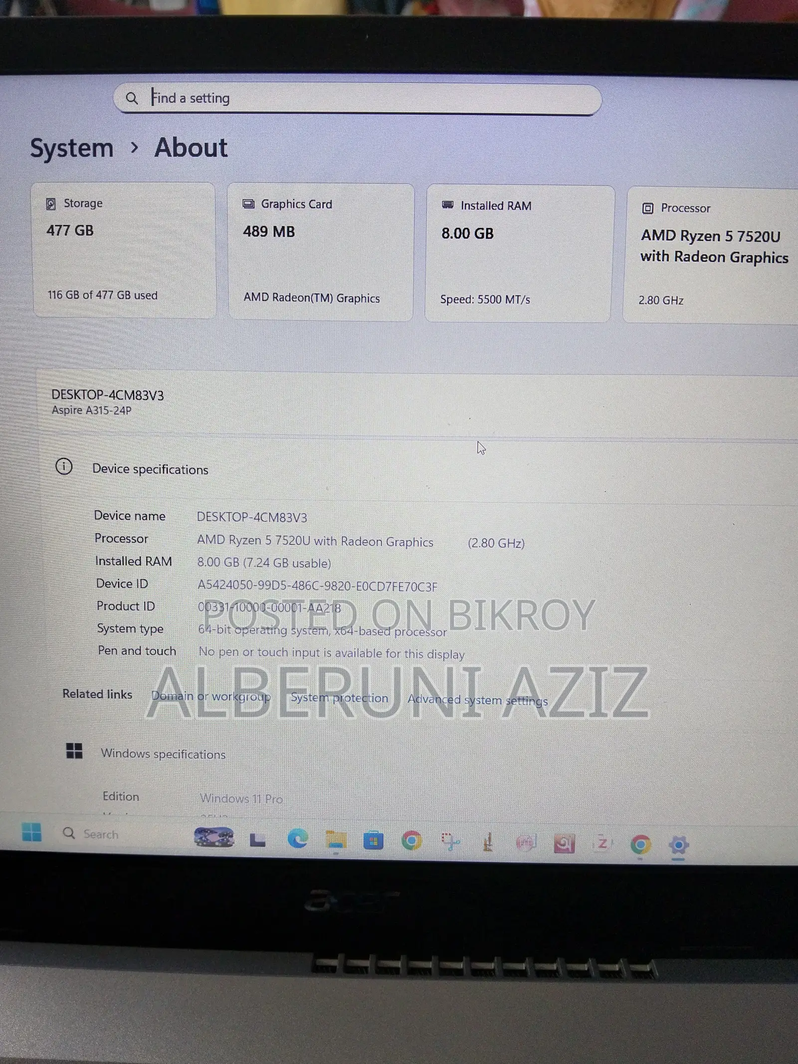 Laptop Acer Aspire 3 8GB AMD Ryzen 5 SSD 512GB