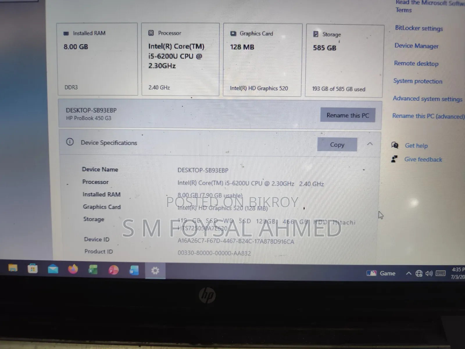Laptop HP ProBook 450 G3 8GB Intel Core I5 HDD 512GB