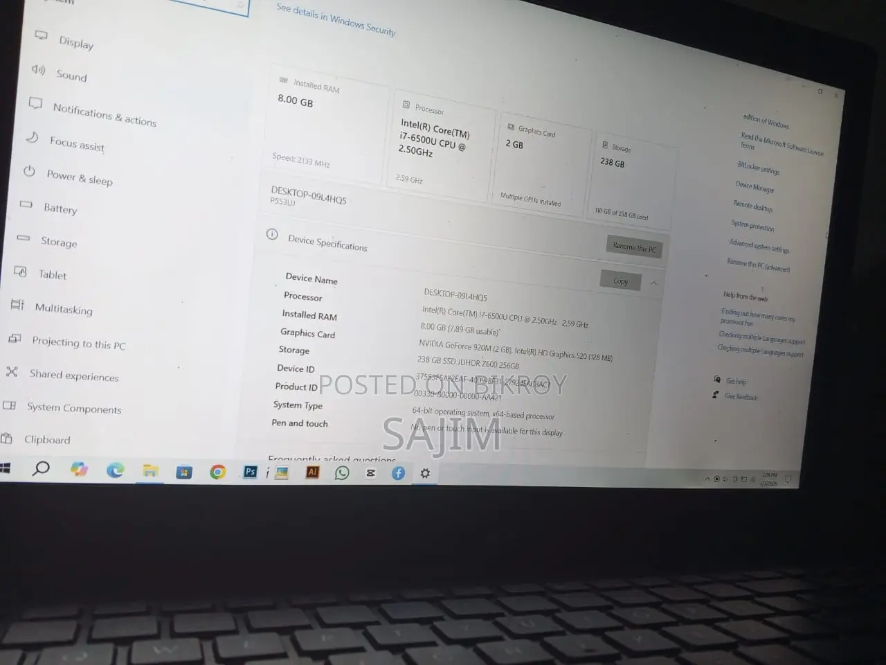 Laptop Asus PRO P2530UA 8GB Intel Core I7 SSD 256GB