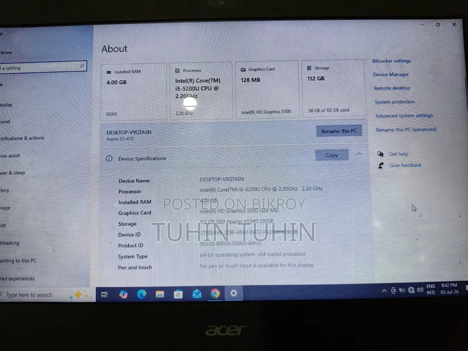 ল্যাপটপ Acer Aspire E ৪GB Intel Core I5 SSD ১২৮GB