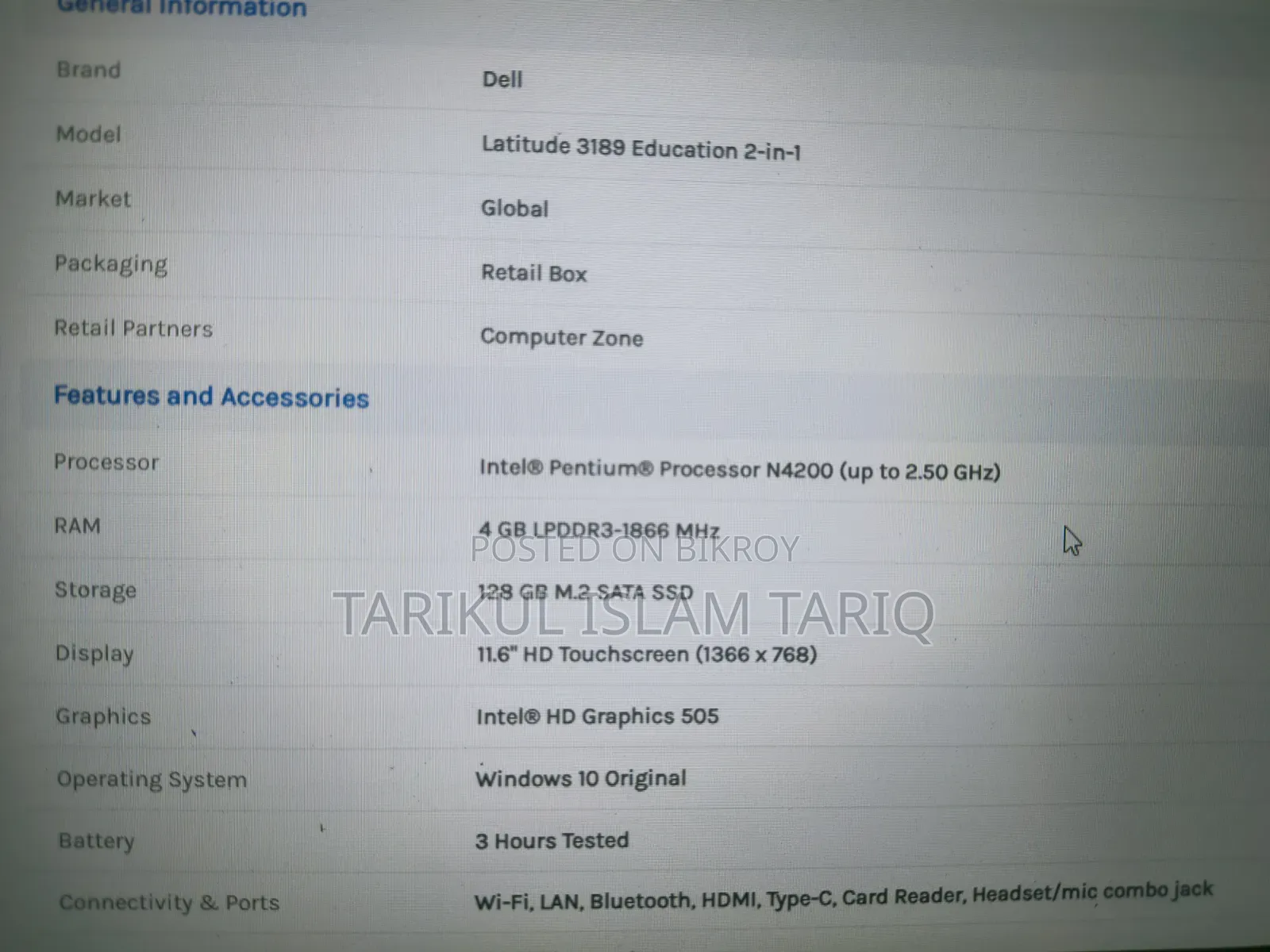 Laptop Dell Latitude 11 3189 4GB Intel Pentium HDD 128GB