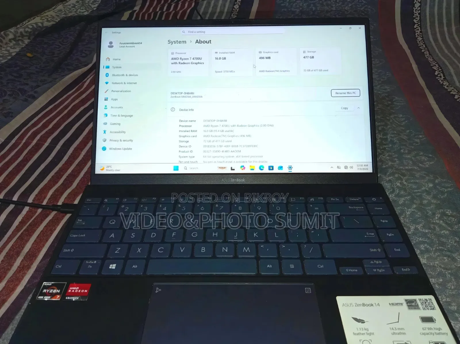Laptop Asus Zenbook 14 OLED 16GB AMD Ryzen 7 SSD 512GB