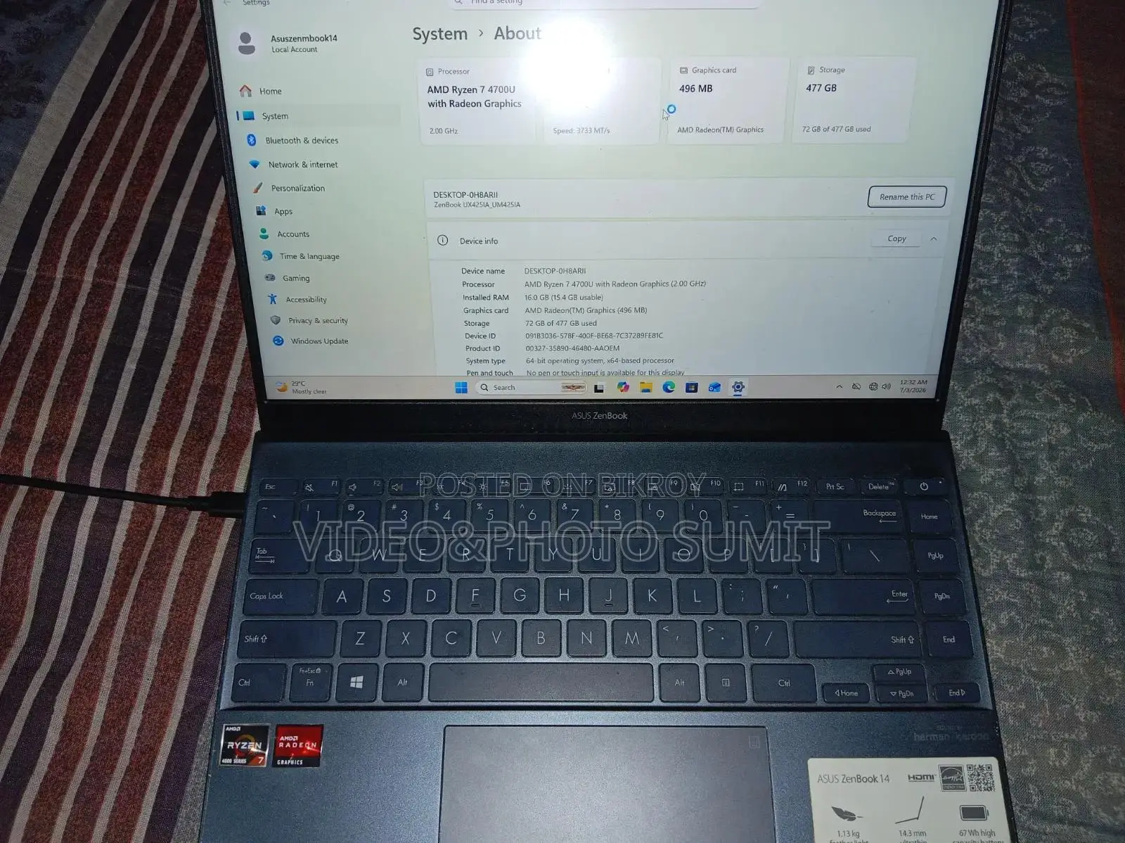 Laptop Asus Zenbook 14 OLED 16GB AMD Ryzen 7 SSD 512GB