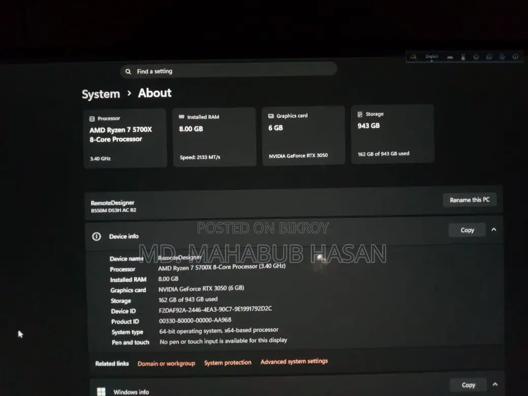 Desktop Computer Gigabyte 8GB SSD 256GB