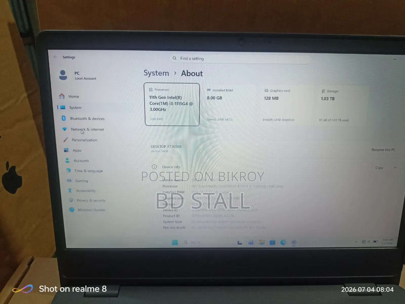 Laptop Dell Vostro 14 3400 8GB Intel Core I3 SSD 256GB