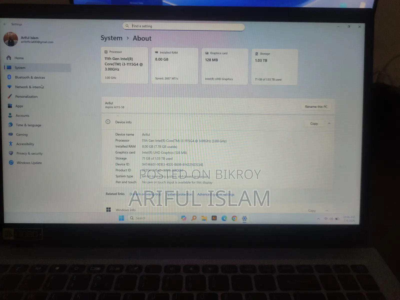 Laptop Acer Aspire 3 8GB Intel Core I3 SSD 128GB