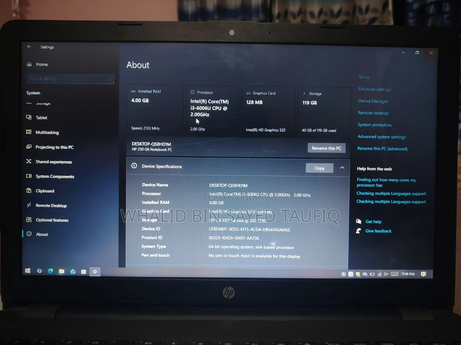 Laptop HP 250 G6 4GB Intel Core I3 SSD 128GB