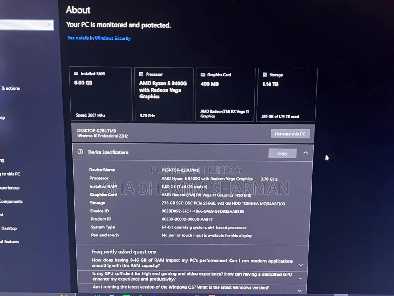 Desktop Computer 8GB AMD Ryzen 5 SSD 256GB