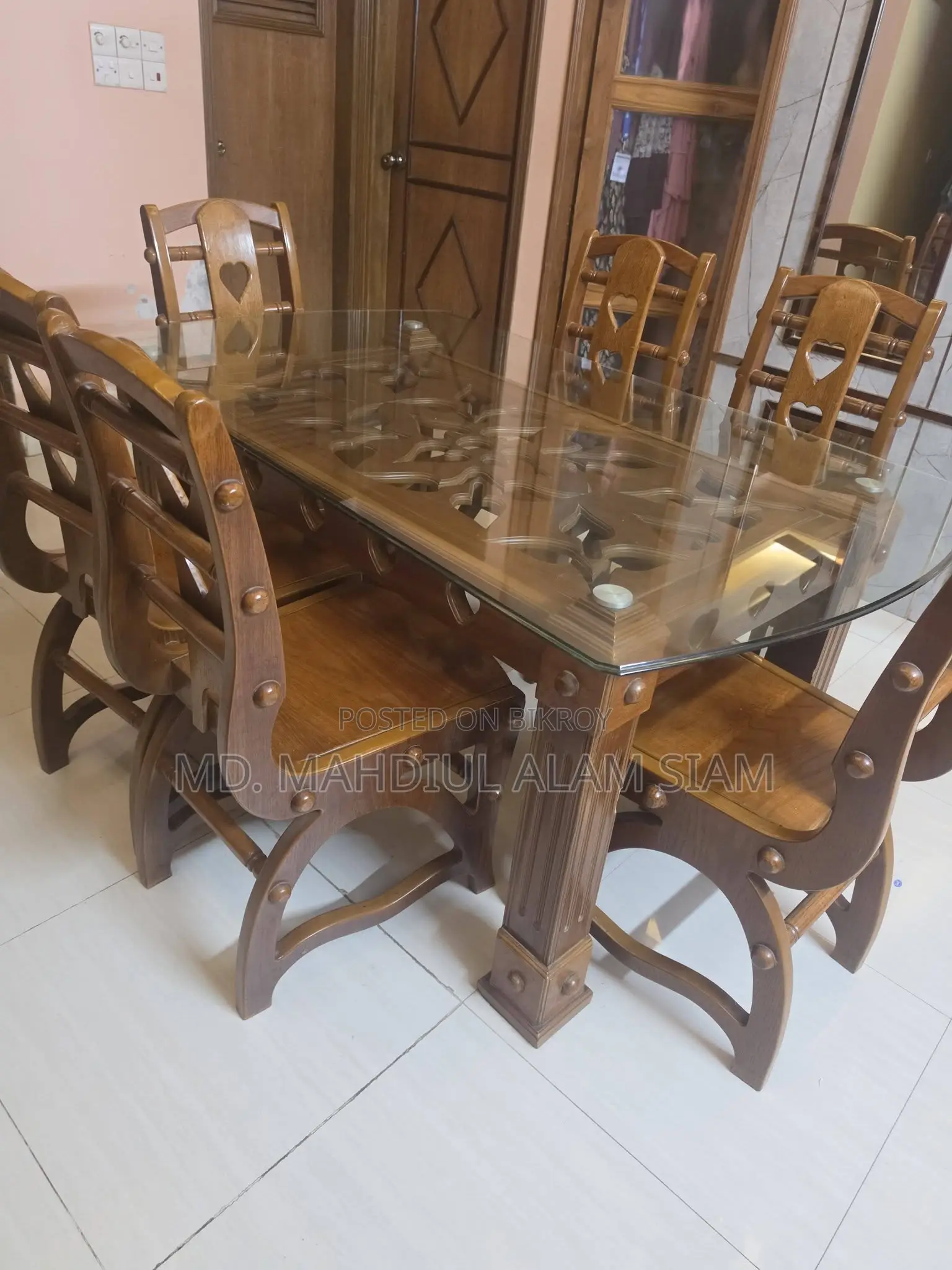 Premium Canadian Oak 6 Chairs Dining Table | Glass Top |