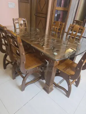 Premium Canadian Oak 6 Chairs Dining Table | Glass Top |