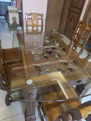Premium Canadian Oak 6 Chairs Dining Table | Glass Top |