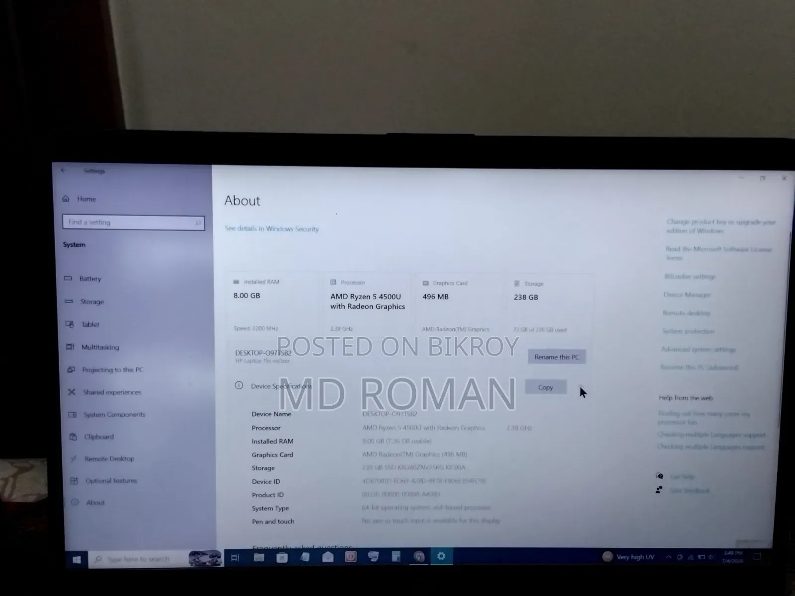 Laptop HP 15S 8GB AMD Ryzen 5 SSD 256GB