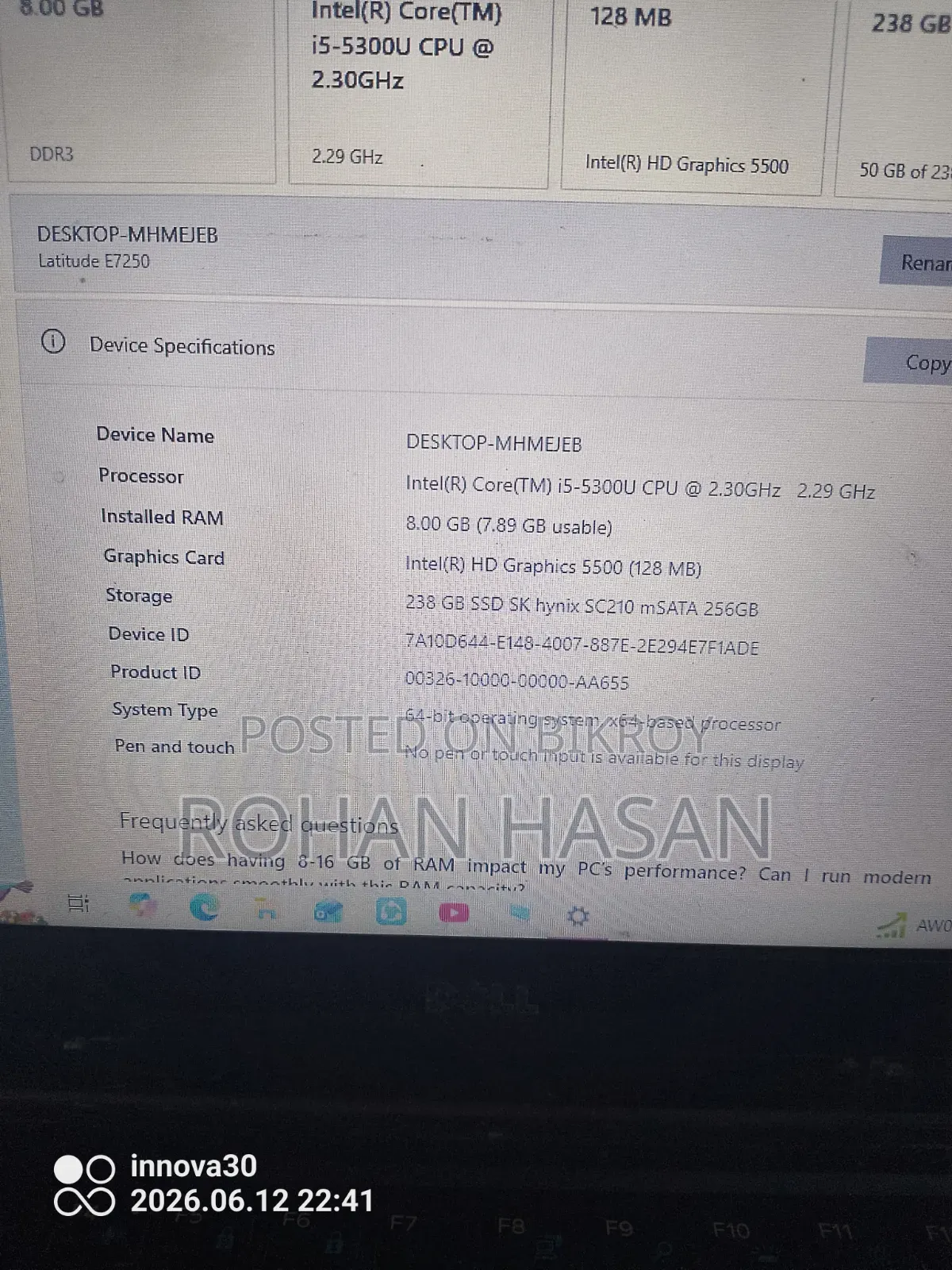 Laptop Dell 8GB SSD 256GB