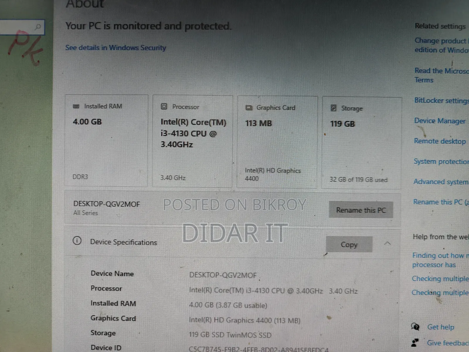 Desktop Computer Asus 4GB Intel Core i3 SSD 128GB