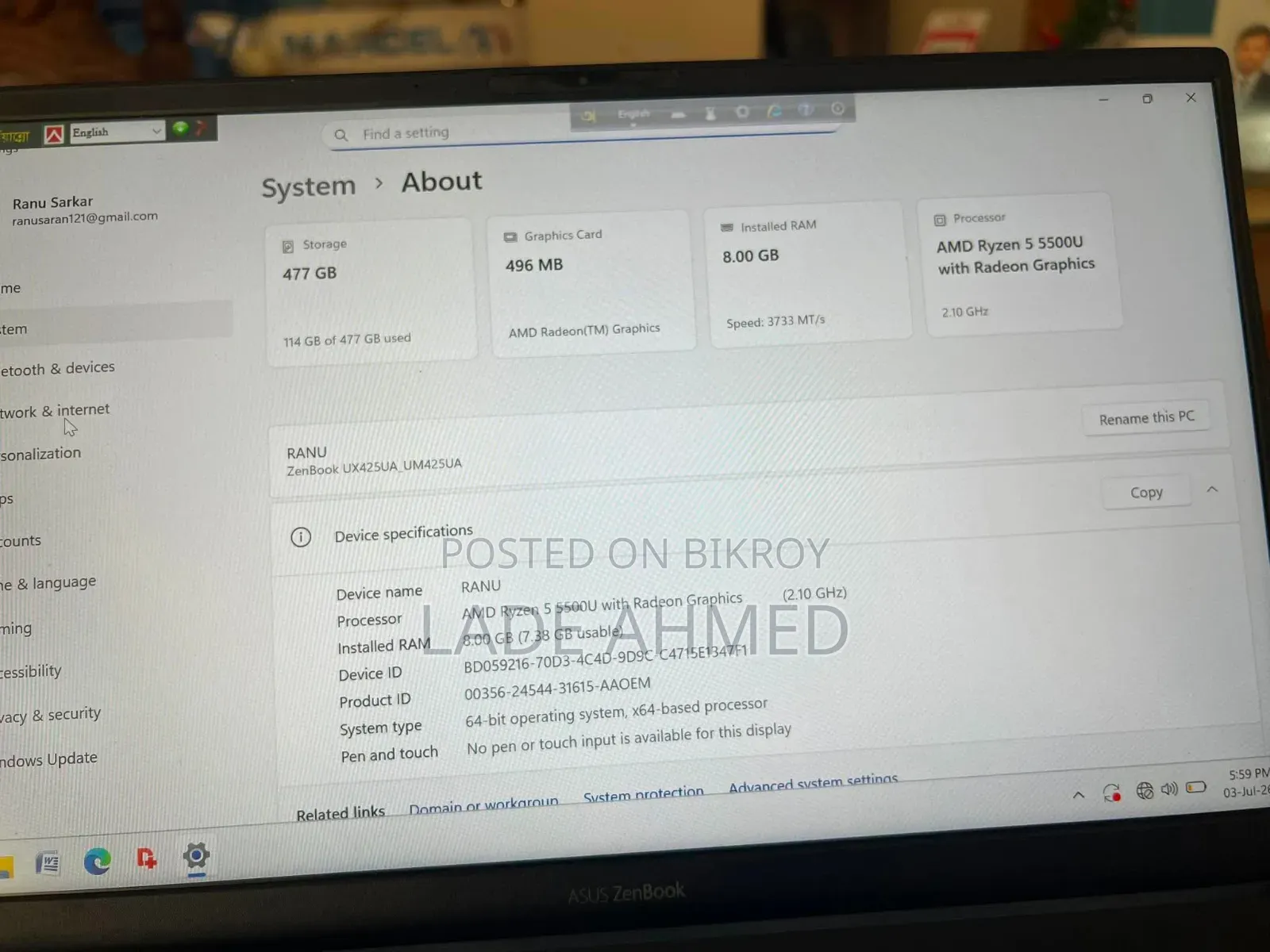 Laptop Asus Zenbook 14 8GB AMD Ryzen 5 SSD 512GB