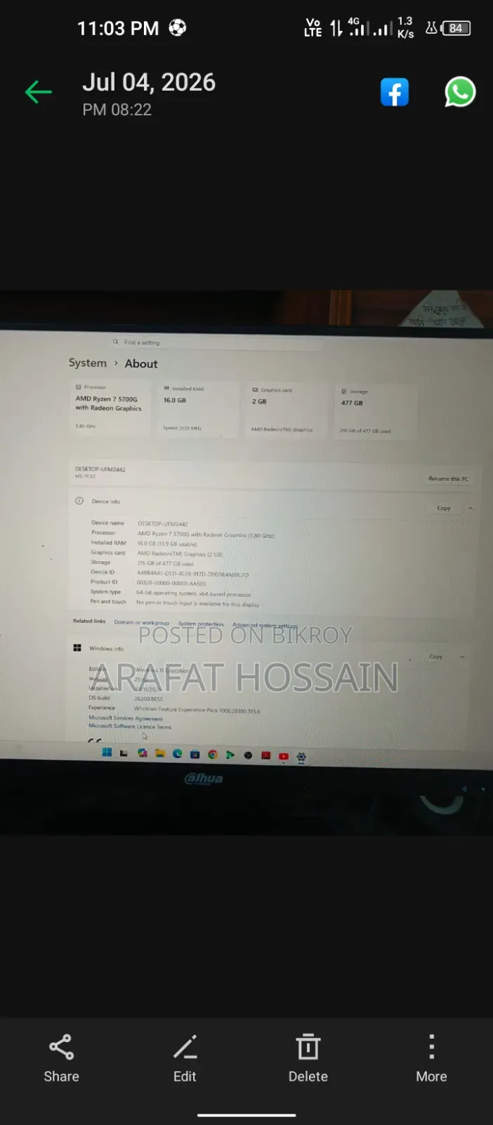 Desktop Computer 16GB AMD Ryzen 7 SSD 512GB