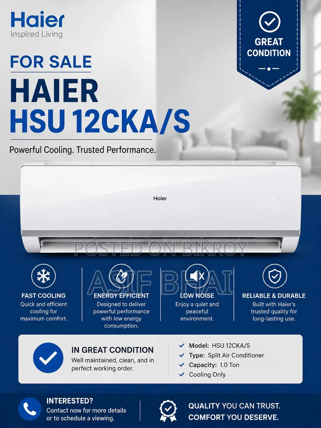 Haier HSU-12CKA/S Split Air Conditioner 1.0 Ton (12,000 Btu)