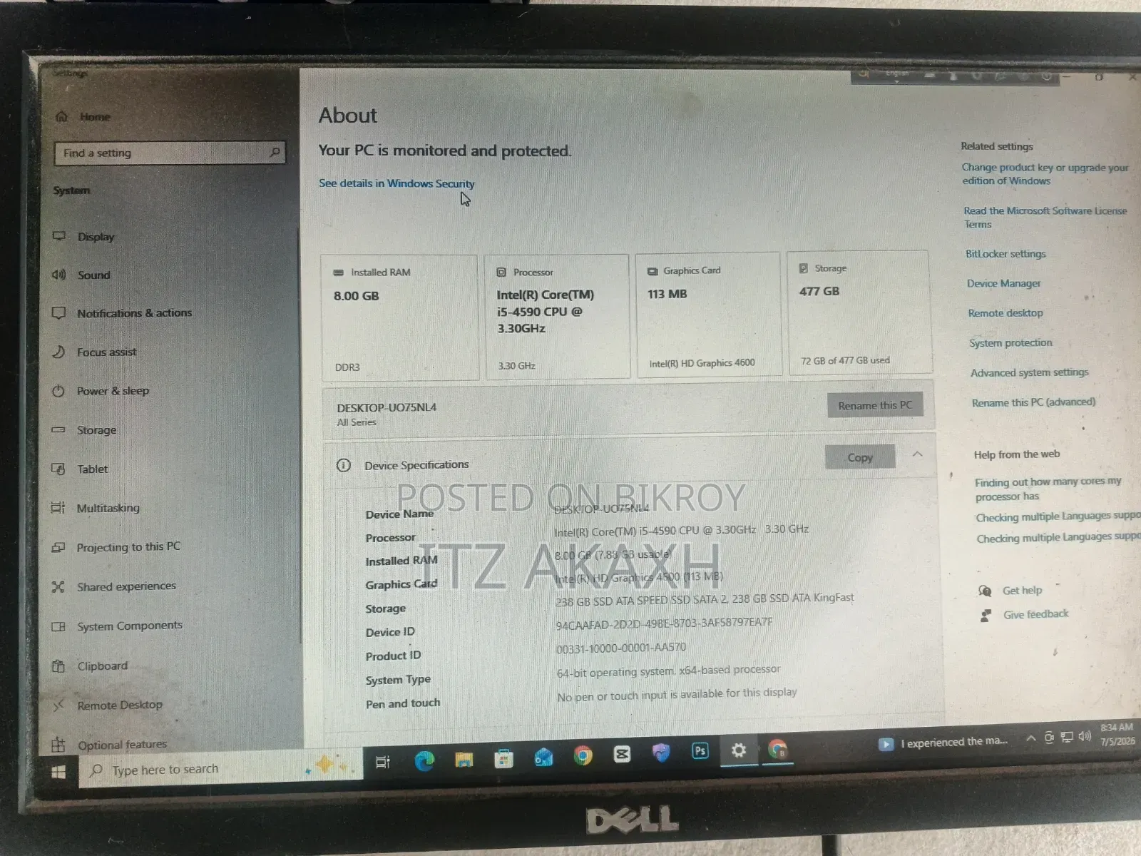 Desktop Computer Dell 8GB Intel Core I5 SSD 256GB