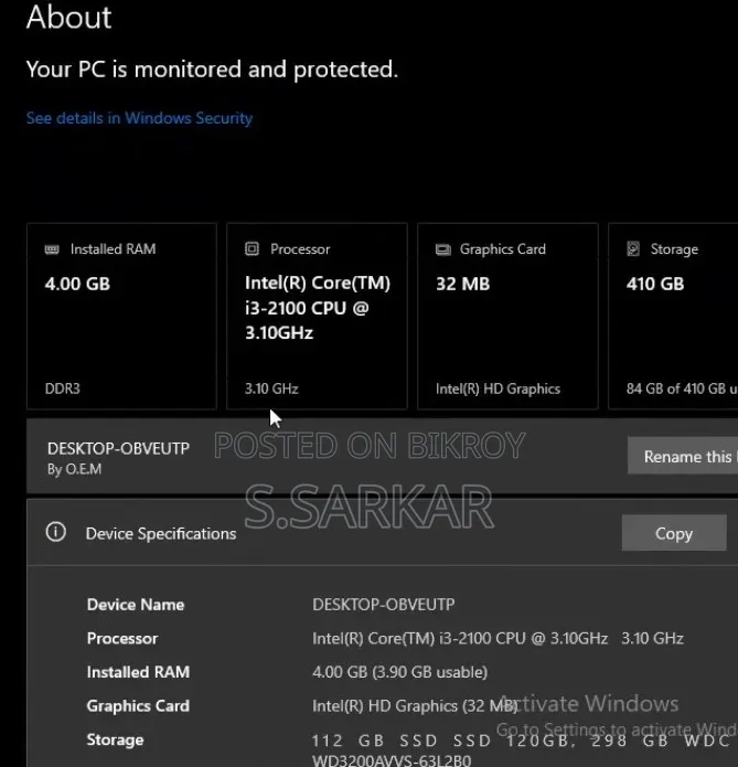 Desktop Computer 4GB RAM Intel Core i3 500GB SSD
