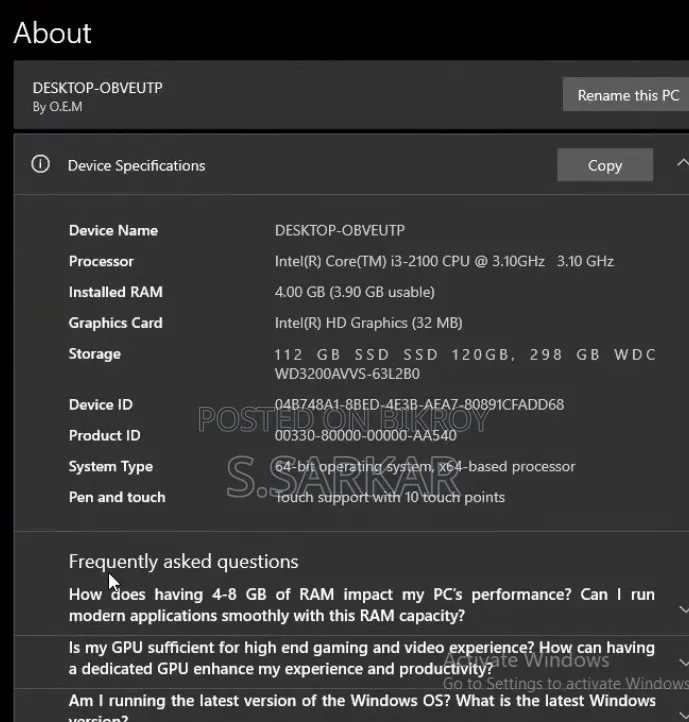 Desktop Computer 4GB RAM Intel Core i3 500GB SSD