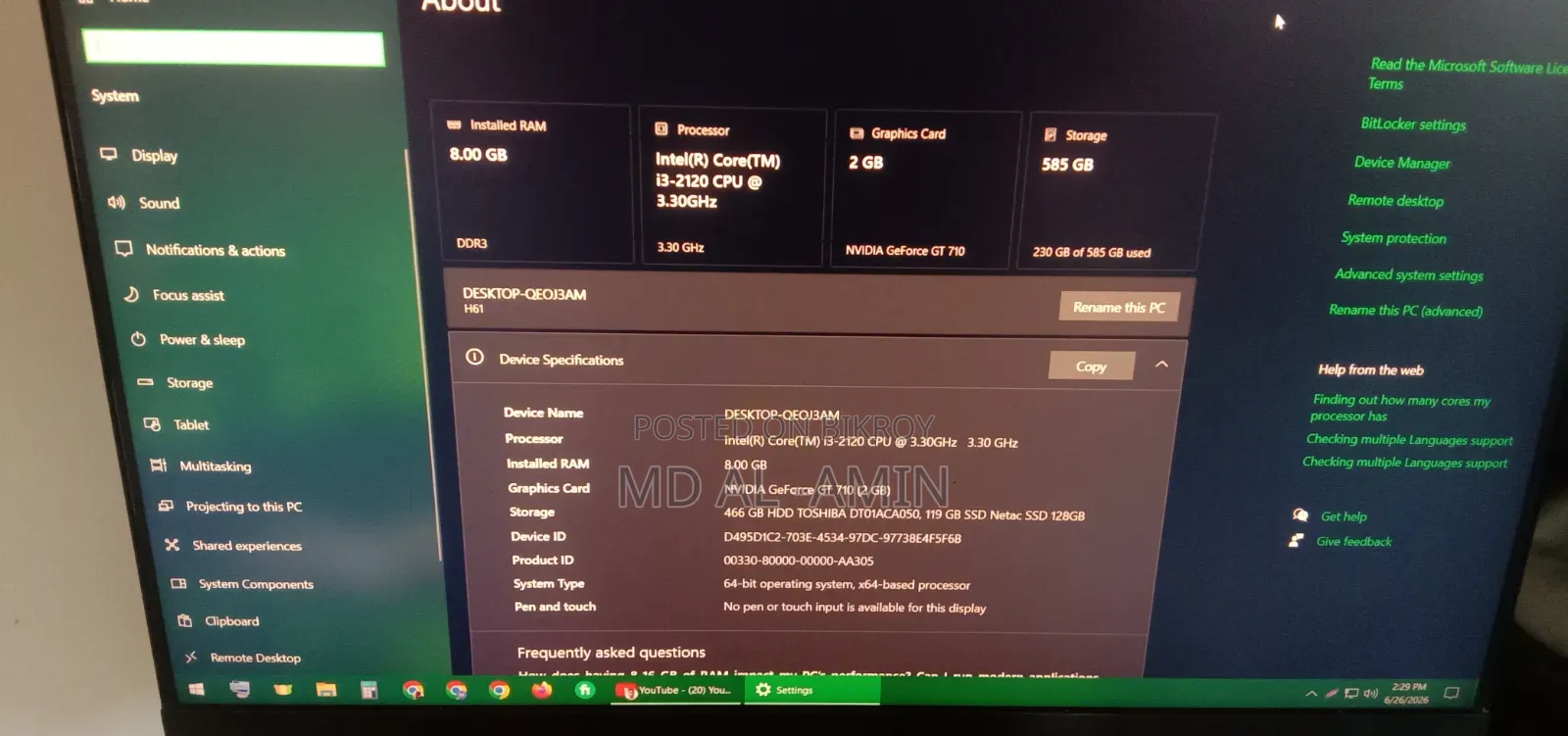 Desktop Computer 8GB Intel Core i3 HDD+SSD 500GB