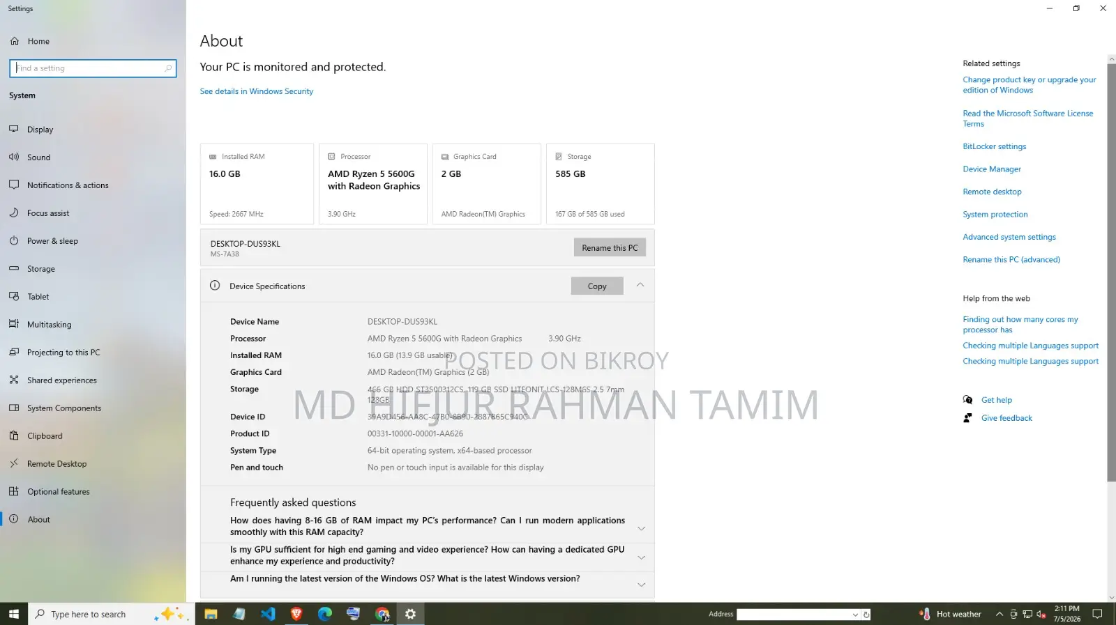 Desktop Computer MSI model 16GB AMD Ryzen 5 HDD+SSD 500GB