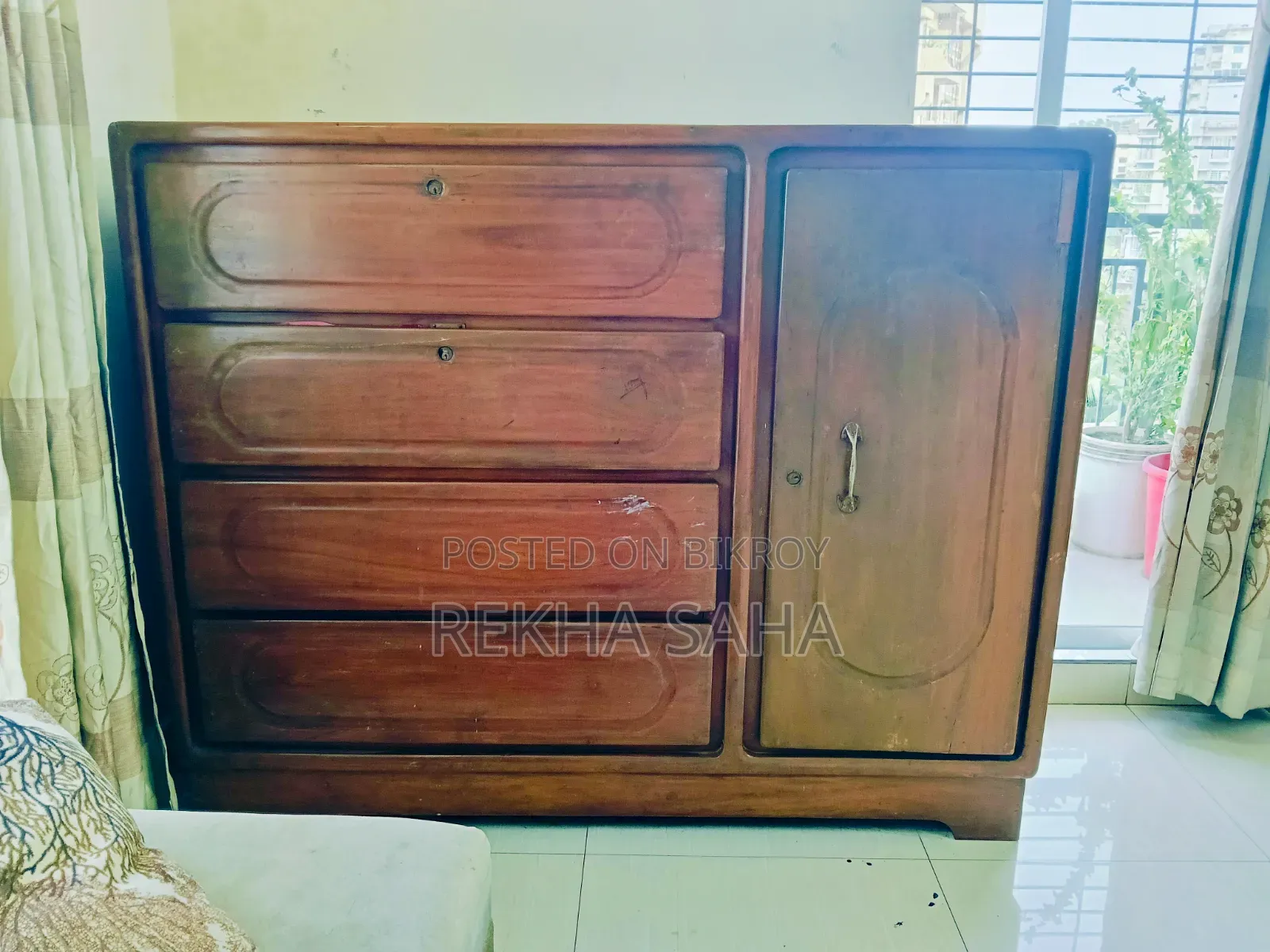 100% Solid Jackfruit Wood 4-Drawer Side Cabinet